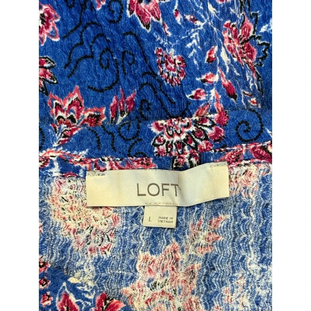 Loft Blue Floral Ruched Puff Sleeve V-Neck Blouse Top Large Boho Romantic